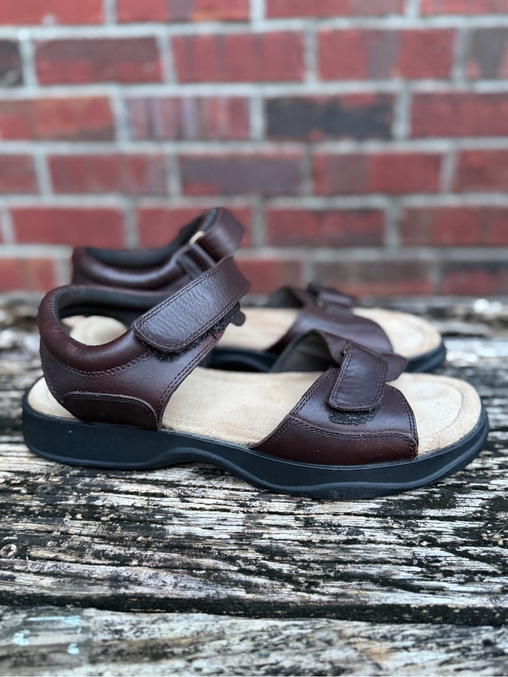 Lands' End Men's Sz 11 Comfort Adjustable Brown Leather Hook-&-Loop Sandals P2